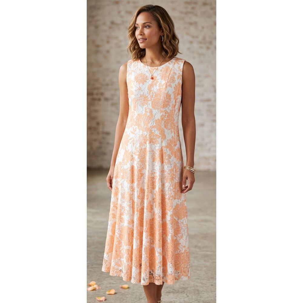 Danny & Nicole Sleeveless Lace Orange Midi Dress 10 Romantic Feminine NWT